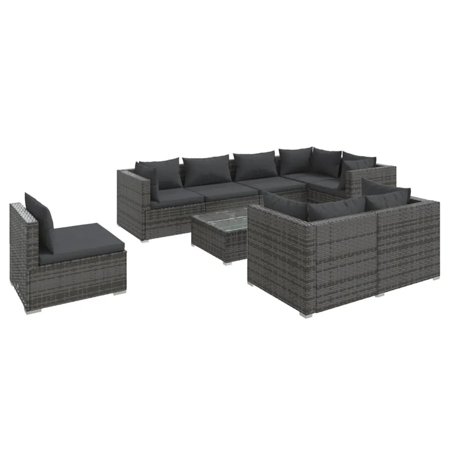 vidaXL 9-tlg. Garten-Lounge-Set aus Poly-Rattan in Grau-Anthrazit mit Polsterkissen und Glastisch - Bild 2