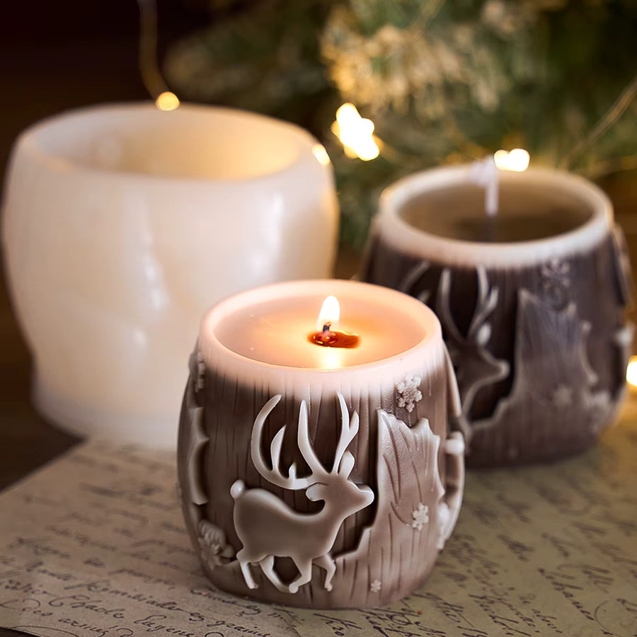 UDOCOOL Silikonform für zylindrische Weihnachtskerzen mit 3D Elch und Schneeflocken Motiv in Braun für DIY Seife Gips und Harz - Bild 1