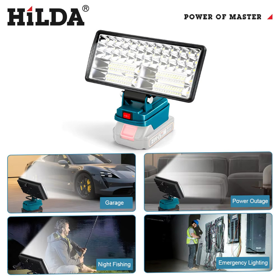HILDA Kabellose LED-Arbeitsleuchte in Schwarz, verstellbare Taschenlampe und Campinglampe für Makita-Akkus - Bild 3