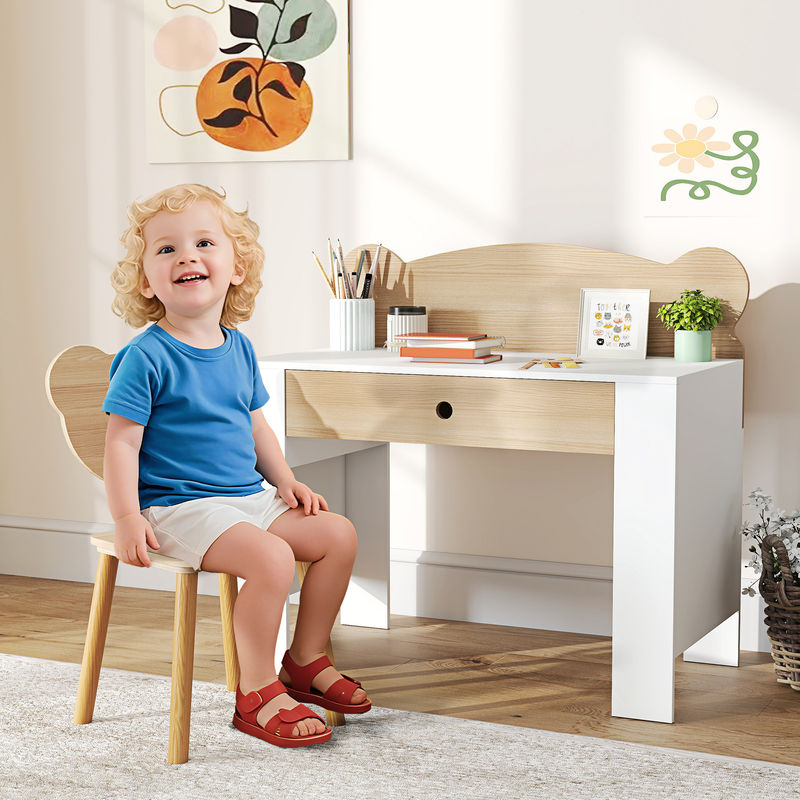 AIYAPLAY Kinderschreibtisch Set mit Tischplatte, Schublade und Stuhl in Bärenform, Naturholz, Braun - Bild 2