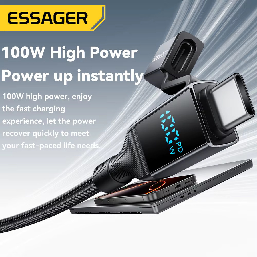 Essager 4 in 1 USB-C-Kabel mit digitalem Display, 100 W Schnellladefunktion und Beleuchtung für iPhone, Huawei, Xiaomi, MacBook und iPad, Farbe: Schwarz oder Grau - Bild 2