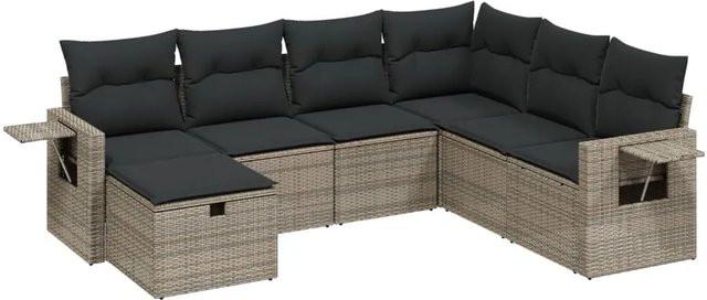 vidaXL 7-teilige Garten-Sofagarnitur in L-Form aus grauem Poly Rattan mit Kissen und Ottoman - Bild 1