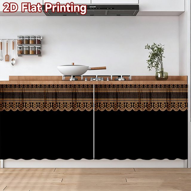 VIKAMA2D Dekorative Küchengardine mit Bordüren-Design in Schwarz, Stoffpaneel mit Rod-Pocket für Schränke und Waschbecken - Bild 1