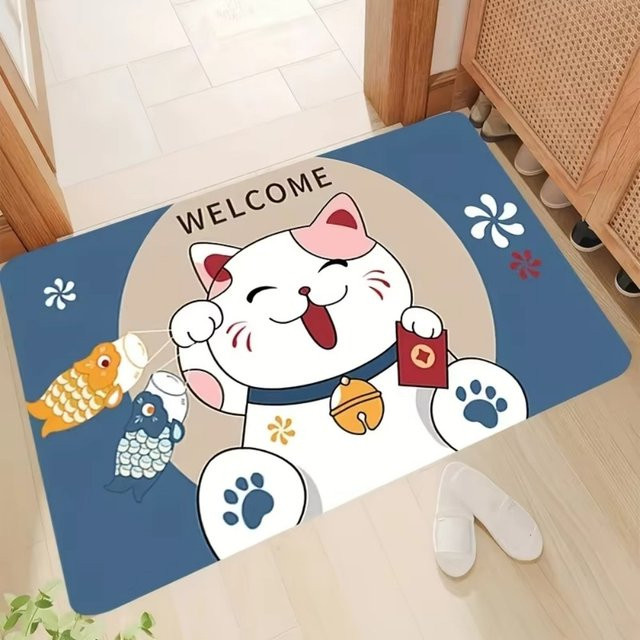 VIKAMA Fußmatte mit Cartoon-Glückskatze Motiv, rutschfest und leicht zu reinigen, B/T: 60 x 40 cm, Mehrfarbig - Bild 1