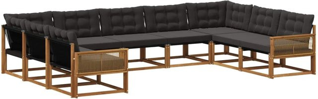 vidaXL Outdoor-Sofagarnitur in U-Form aus massivem Akazienholz mit 9 Textilene-Kissen, Schwarz und Natur - Bild 1