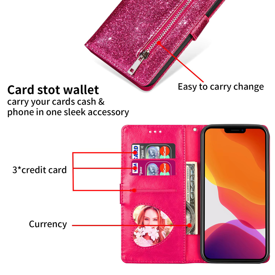 Glitzer Ledertasche mit Reißverschluss für Xiaomi Mi 13T 12T 11T 10T 11 Lite Poco F5 X5 X4 X3 GT F3 F4 M4 Pro M5S C55 C40 Flip Phone Wallet in Silber und Pink - Bild 3