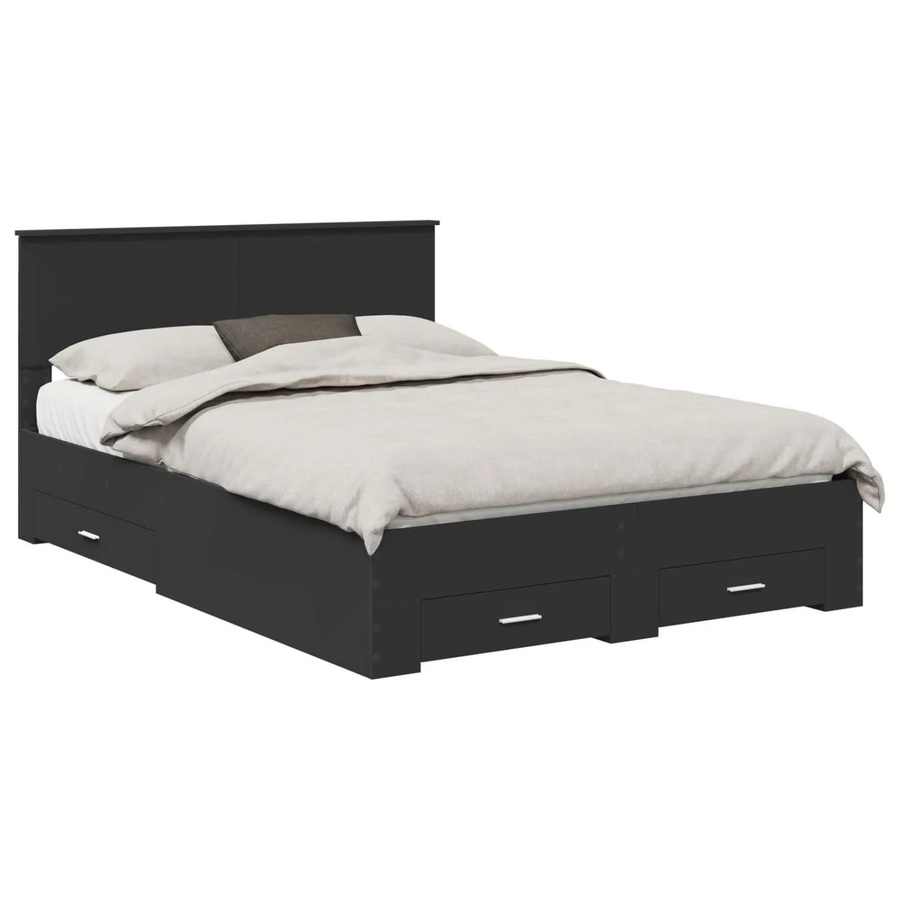 vidaXL Bettrahmen mit Kopfteil und Schubladen in Schwarz Matt aus Holzwerkstoff, B/T/H: 135 x 190 x 90 cm - Bild 2