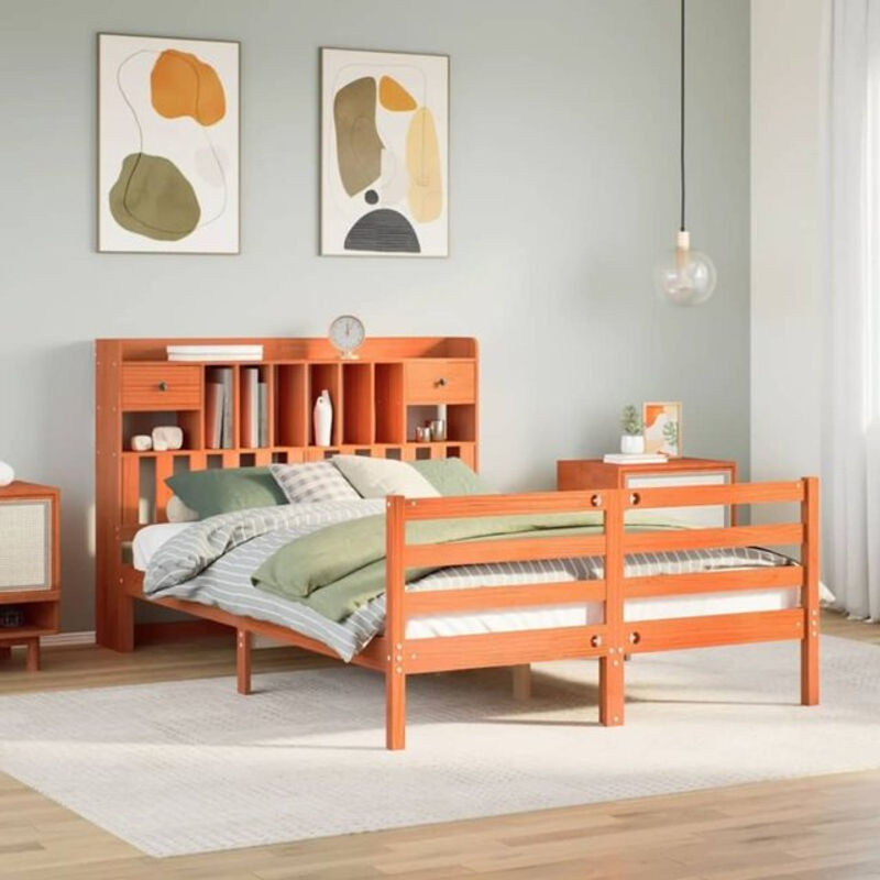 Massivholzbett aus Kiefer mit Regal in Braun von Vidaxl, B/T/H: 150 x 200 x 110 cm - Bild 1