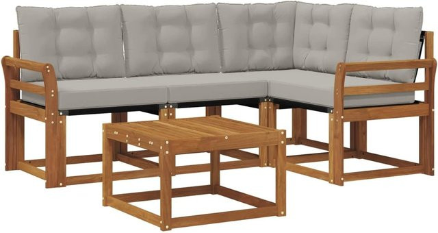vidaXL Outdoor-Sofagarnitur 5-teilig aus Akazienholz und Textilene in Natur und Hellgrau mit UV-beständigen Kissen - Bild 1