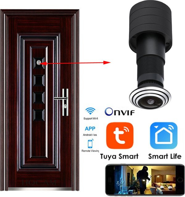HQCAM Mini Wifi Türaugen Kamera mit 1080P Auflösung, Weitwinkel FishEye Objektiv 1,66mm und Audio, Schwarz - Bild 1