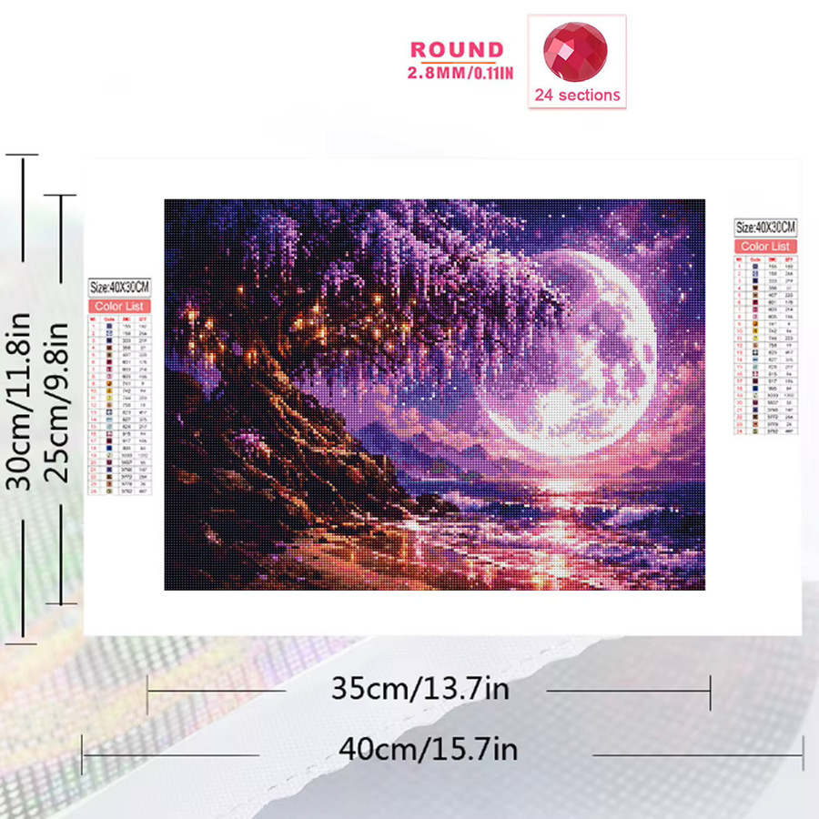 EverShine Diamantmalerei Meereslandschaft mit Kirschblüten und Mond als 5D Mosaik-Wanddekoration mit runden Steinen - Bild 2