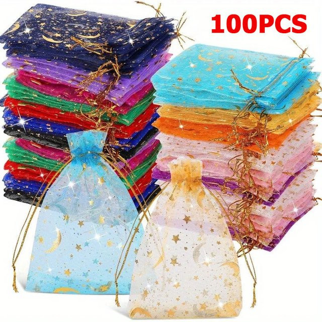 100 Stück Organza Beutel mit Kordelzug und Mond-Stern-Motiv für Schmuck und Geschenke in Gold, Schwarz und Multicolour - Bild 1