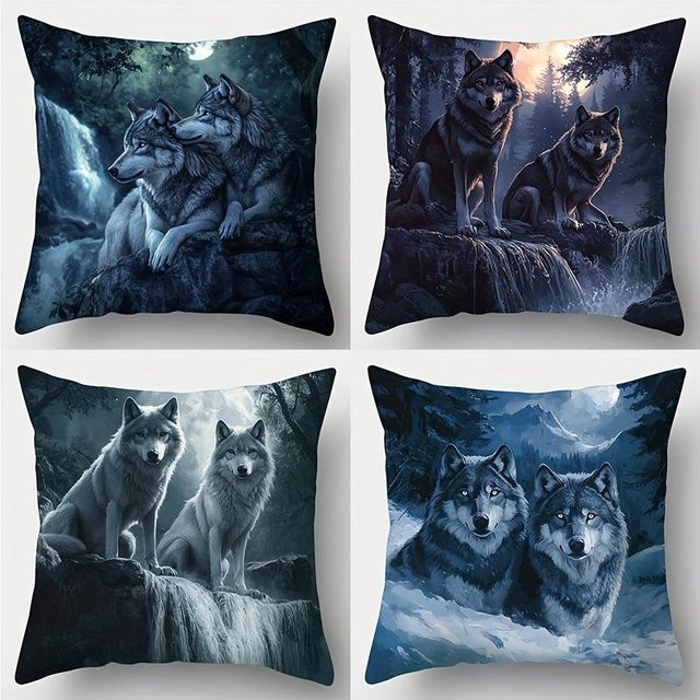 4-teiliges Kissenbezug-Set von JMG Clothing mit Wolfstotem-Design, Wald und Bergen in Blau, B/T/H: 60 x 60 x 60 cm - Bild 1