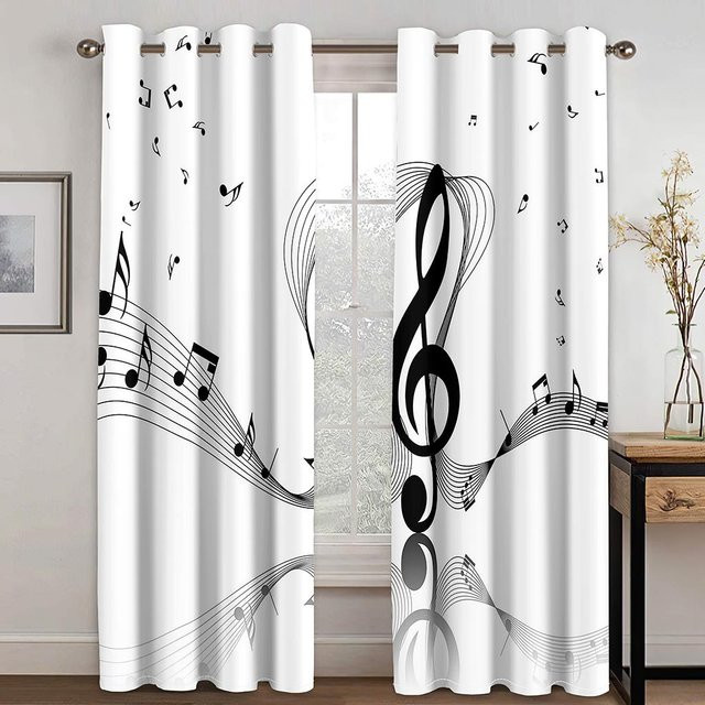 2er-Set 3D-Vorhänge mit Musiksymbolen und Blumenmuster von Household supplies MH, Lila Grün Gold Weiß, halbtransparent, Breite: 110 cm, Höhe: 214 cm - Bild 1