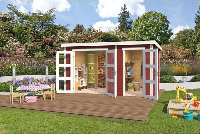 Lasita Gartenhaus Zambezi XL aus Fichtenholz mit Flachdach in Rot, B/T/H: 380 x 240 x 210,9 cm - Bild 1