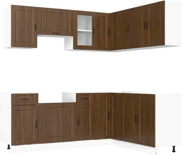 vidaXL Küchenschrank-Set Porto aus Holzwerkstoff in Eiche Braun, 11-teiliges Eckküchenset mit Glastüren und Regalböden - Bild 1