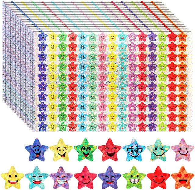1500 Stück glitzernde Sternaufkleber aus Folie mit 15 Happy Face Designs in Multicolour zur Belohnung von Schülern - Bild 1