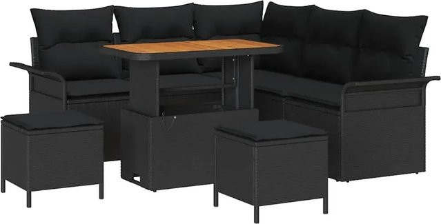 vidaXL Garten-Sofa-Set aus Polyrattan in Schwarz, 8-teiliges L-Shape Lounge-Set mit Polsterung und Hockern für Terrasse und Garten - Bild 1