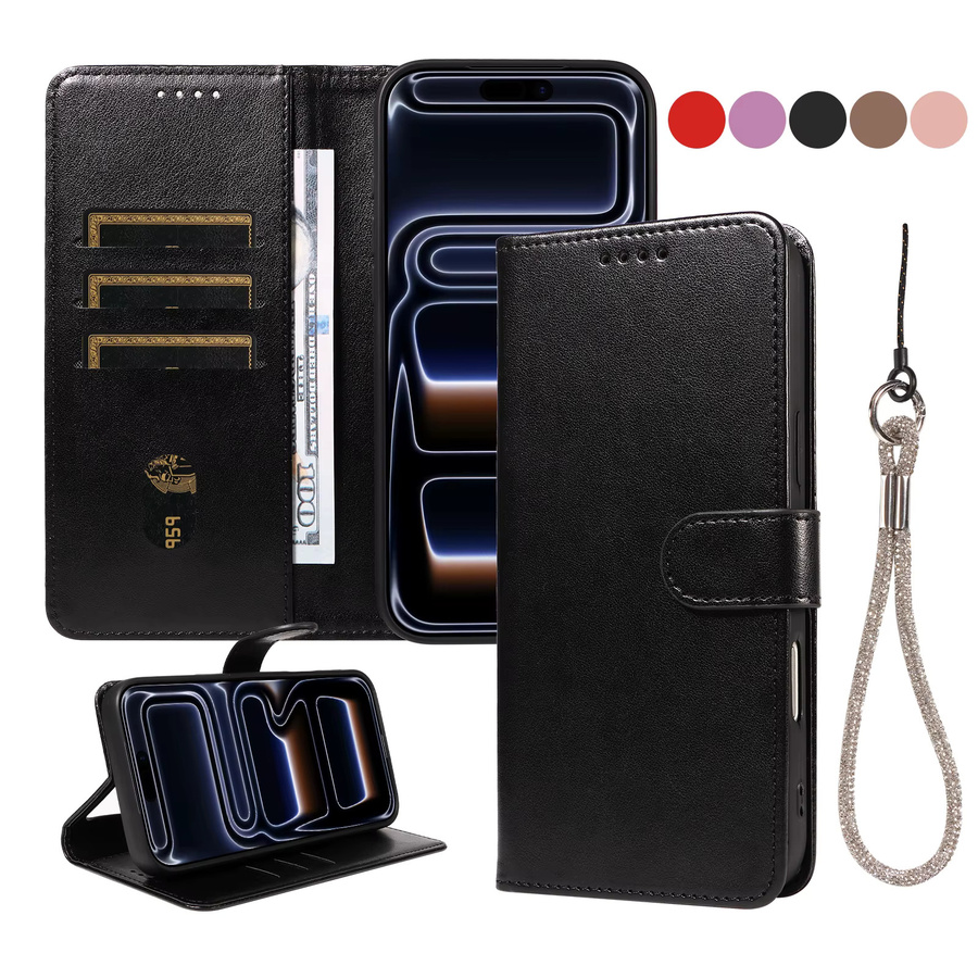 Leder-Handyhülle im Brieftaschen-Stil für iPhone 11 bis iPhone 17 mit Handschlaufe, kratzfest und stoßfest, Farben: Schwarz oder Grau - Bild 3
