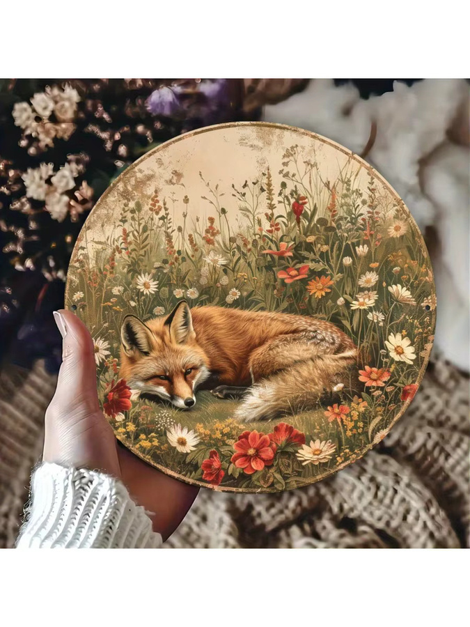 Potdemiel Rundes Metallschild mit Vintage Fuchs und floralem Wiesen-Design, Durchmesser: 20,3 cm, Mehrfarbig - Bild 5