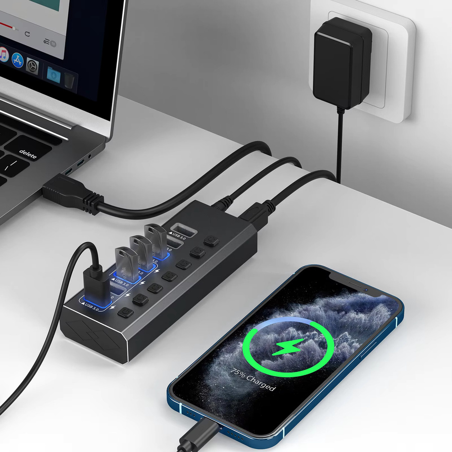 7-in-1 USB 3.0 Dockingstation mit 7 Ports und unabhängigen Schaltern, Schwarz - Bild 4