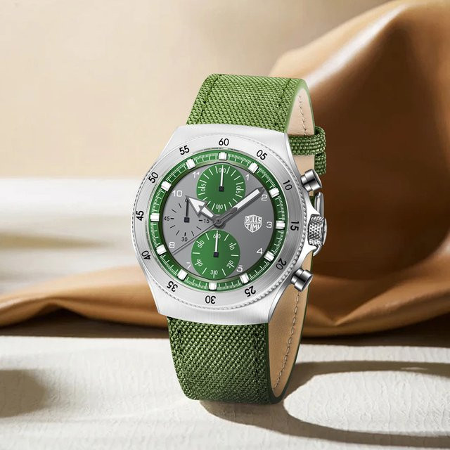 Rollstimi Chronograph, Quarz, Edelstahl, Leder, Grün, Herren - Bild 1