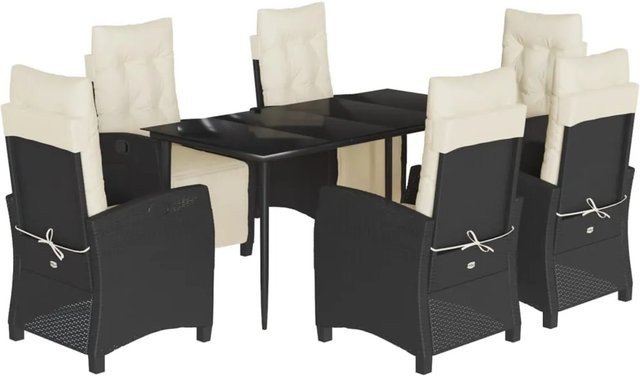 vidaXL 7-teilige Garten-Essgruppe aus Poly-Rattan mit Kissen in Schwarz und cremeweißen Polstern mit Glastisch - Bild 1