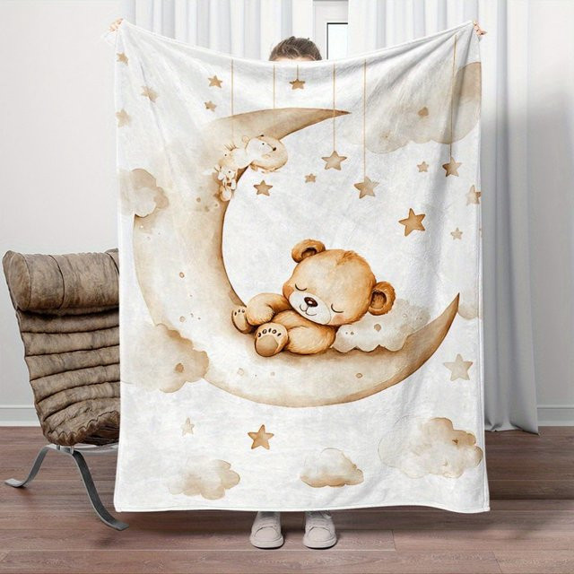 VIKAMA Personalisierte Flanell-Decke mit Bär auf dem Mond und individuellem Namen, weiche Kuscheldecke für Kinder, B/B/H: 150 x 120 x 1 cm - Bild 1