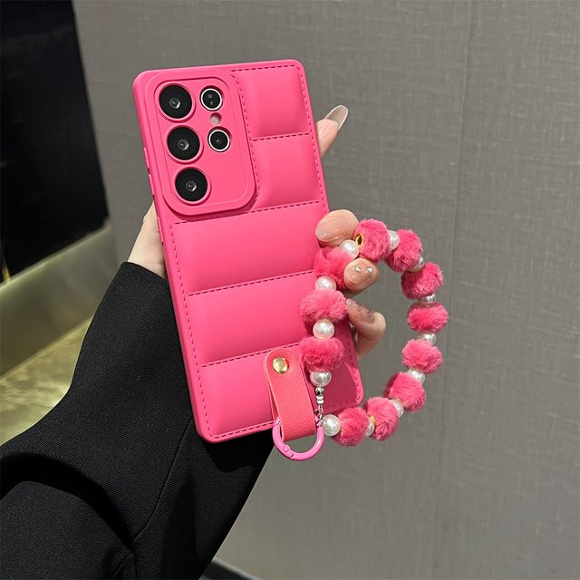 Daunenjacken-Handyhülle mit Handgelenkschlaufen für Samsung Galaxy S26 S25 S24 Ultra S23 S22 Plus S21 FE A17 A07 A56 A36 A55 A16 A35 in Pink - Bild 1