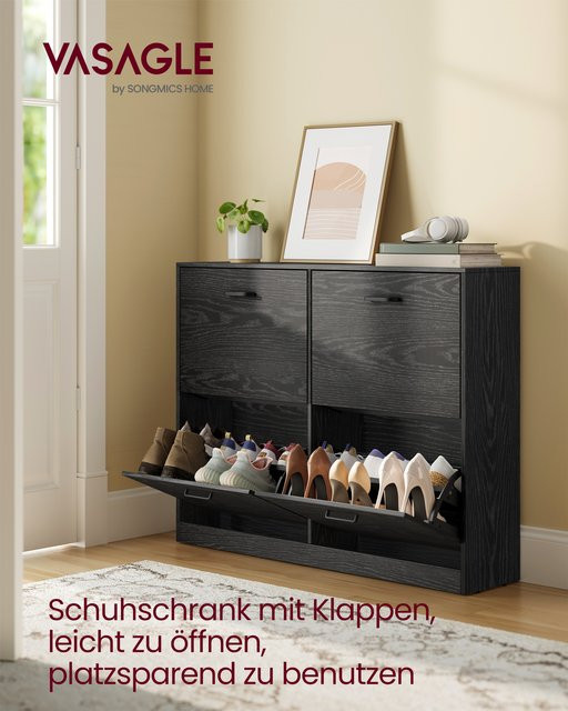 VASAGLE Schuhschrank mit 4 Klappen in Schwarz, moderner Schuhkipper für den Flur mit verstellbaren Trennwänden und Belüftung - Bild 1