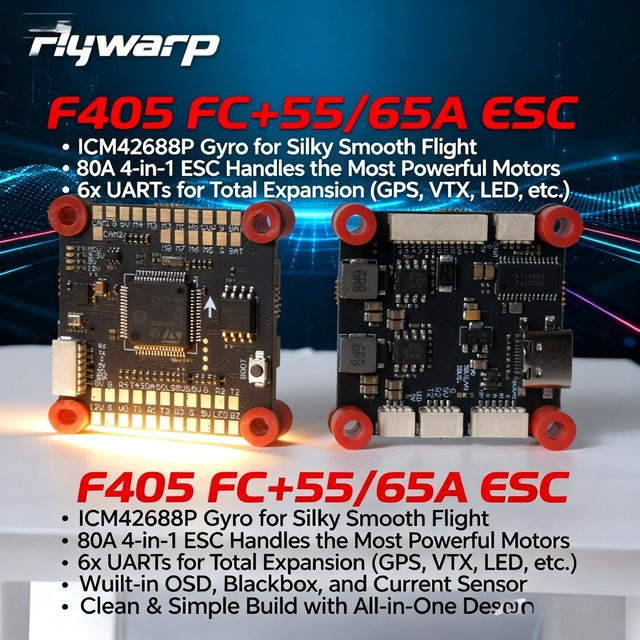 FlyWarp F405 Flight Controller Stack mit 60A 4in1 ESC, ICM42688P Gyro, Schwarz, B/T: 30,5 x 30,5 mm, für Betaflight iNAV FPV Racing Drone - Bild 1