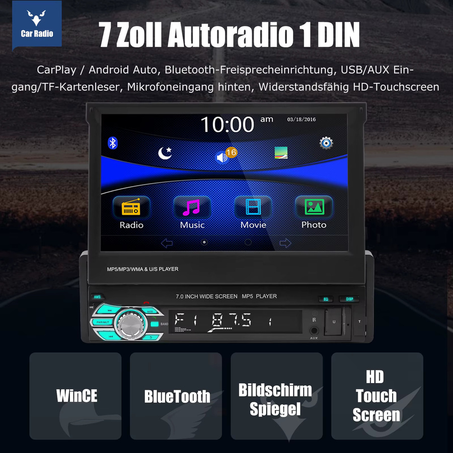 MOPECT Kabelloses 7 Zoll Autoradio mit CarPlay und Android Auto, 1 DIN MP5-Player mit ausziehbarem Touchscreen, WIFI und AUX-Eingang, Schwarz - Bild 2