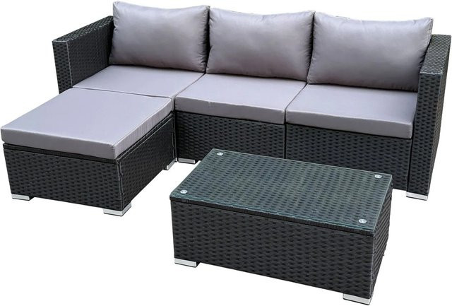 SVITA QUEENS Gartenlounge 5-tlg. Gartenmöbel Set in L-Form aus Polyrattan und Stahl, Schwarz mit Polsterkissen - Bild 1