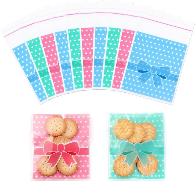Selbstklebende Geschenkbeutel mit Polka Dots und Schleifenmuster in Grün für Süßigkeiten und Partydeko, 100-200 Stück - Bild 1