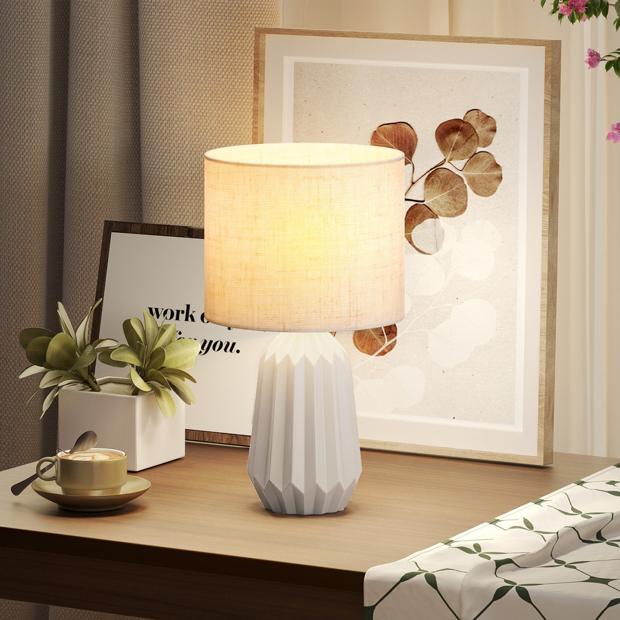 HOMCOM Tischlampe in Beige mit Keramikfuß und Leinenschirm, Vintage Schreibtischlampe mit E27 Fassung und Wippschalter für Schlafzimmer und Wohnzimmer, Höhe: 39,0 cm - Bild 2