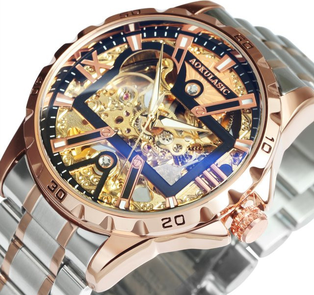AOKULASIC Armbanduhr Automatik, Edelstahl, Gold, Diamant, Herren - Bild 1
