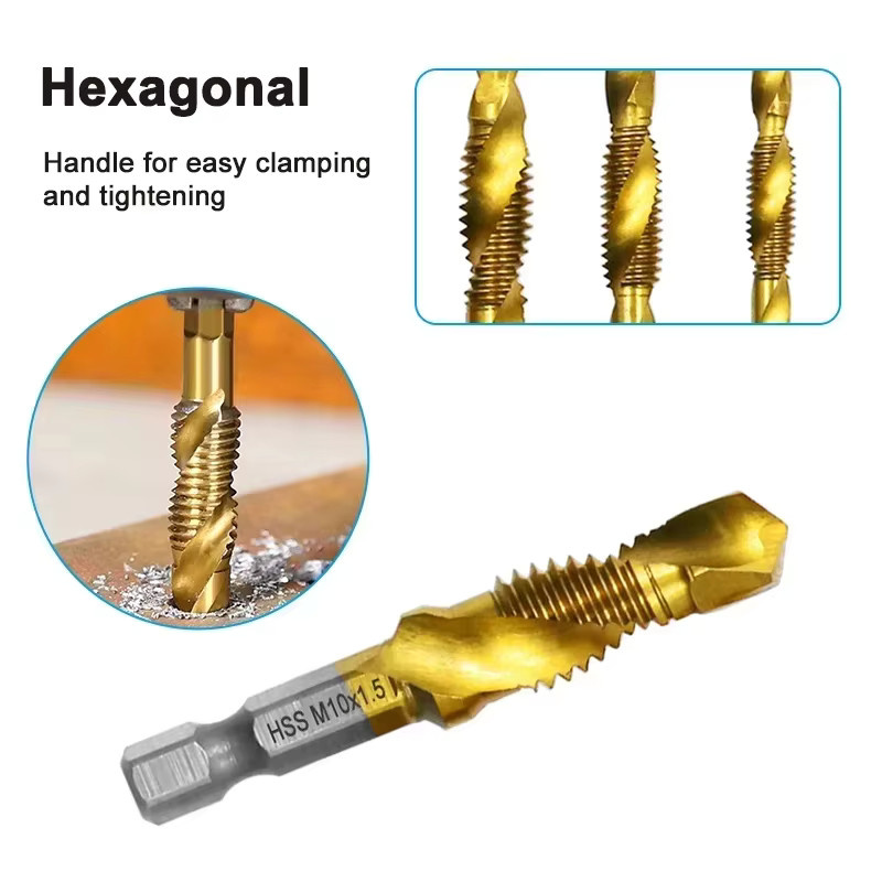 Deli 6er Set HSS Bohrer und Gewindebohrer aus Titan beschichtet in Gold, M3-M10 - Bild 2