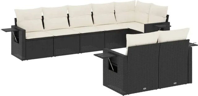 vidaXL 8-teilige Garten-Sofagarnitur in L-Form aus Poly-Rattan und pulverbeschichtetem Stahl mit Kissen in Schwarz und Cremeweiß - Bild 1