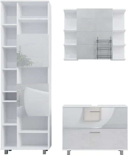 Vicco Badmöbel-Set Ilias in Weiß Hochglanz bestehend aus Waschtischunterschrank, Spiegelschrank und Hochschrank für dein modernes Badezimmer - Bild 2