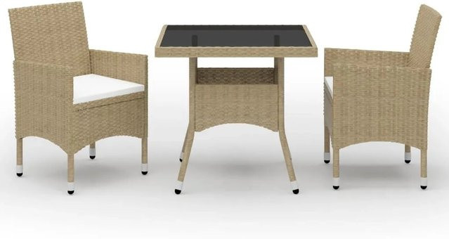 Furnicato 3-teilige Garten-Essgruppe aus Poly Rattan und Glas in Beige und Cremeweiß mit wetterfesten Kissen, Tisch B: 110 cm, T: 75 cm, H: 76 cm und 2 Stühlen - Bild 1