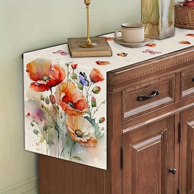 VIKAMA Tischläufer mit Aquarell-Mohnblumen und Schmetterlingen, wasserabweisender Polyester-Tischläufer im Landhausstil, Mehrfarbig, B: 90,0 cm, T: 33,0 cm - Bild 1