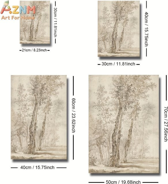 AZNM Vintage Baum-Skizzen Leinwanddruck in Beige als minimalistische Waldlandschaft Wanddekoration - Bild 1