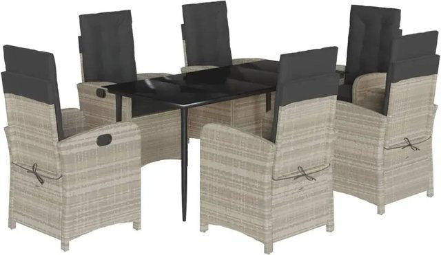 vidaXL 7-teilige Garten-Essgruppe aus Poly Rattan mit Kissen und Glastisch in Hellgrau - Bild 1