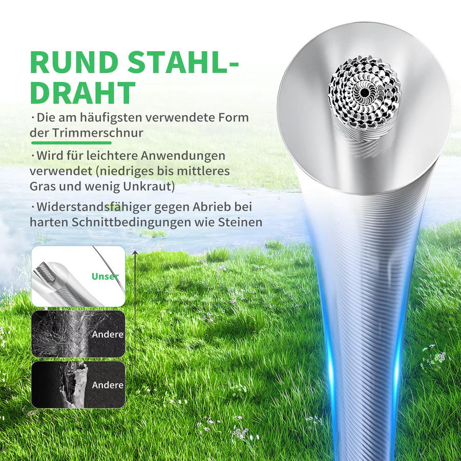 Stahldraht-Trimmerfaden für Rasentrimmer und Motorsensen, Rundmähfaden in Silber, Durchmesser: 3 mm, Länge: 50 m - Bild 5