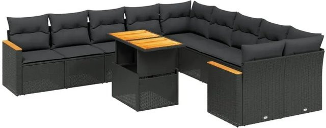 vidaXL 11-teilige Garten-Sofagarnitur in L-Form aus Poly-Rattan und Akazienholz mit Kissen, Schwarz - Bild 1