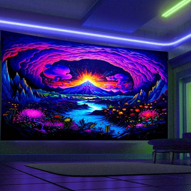 VIKAMA Trippy Wandteppich mit fluoreszierendem Farbverlauf, Vulkanhöhle Fantasielandschaft, Wandbehang für Gaming-Raum und Schlafzimmer, Mehrfarbig, Breite: 60 cm, Höhe: 40 cm - Bild 1