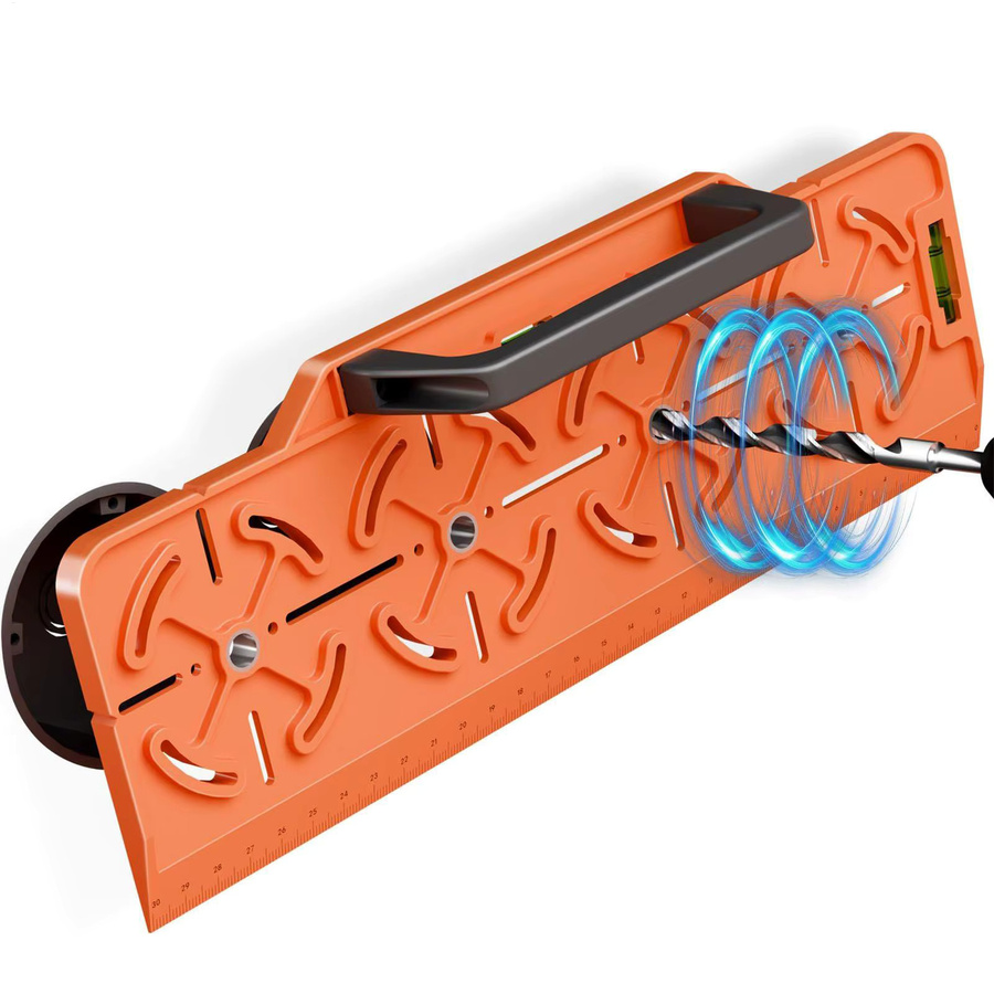 Bohrschablone mit Wasserwaage und Lineal zur Montage von Steckdosen in Orange - Bild 3