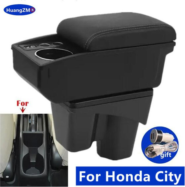 HuangZM Armlehnenbox für Honda City und New City mit USB-Anschluss und Getränkehalter, Schwarz, doppelschichtige Aufbewahrungsbox als Auto-Zubehör - Bild 1