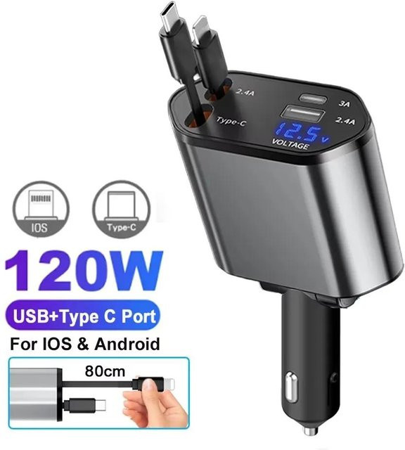 YJMP 180W Auto Schnelllader mit USB Typ-C und einziehbarem Kabel inklusive Dachsternhimmel in Schwarz für iOS und Android - Bild 1