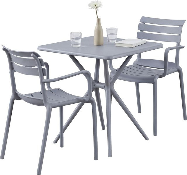 CLP Gartenmöbel-Set Avena wetterfest in Grau mit 2 Stapelstühlen und quadratischem Esstisch für Balkon, Terrasse und Garten - Bild 1